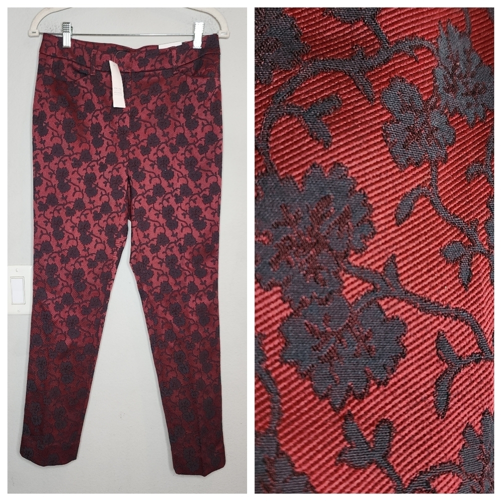 NWT WHBM Slim‎ Ankle Red Black Floral Jacquard Pant Size 4